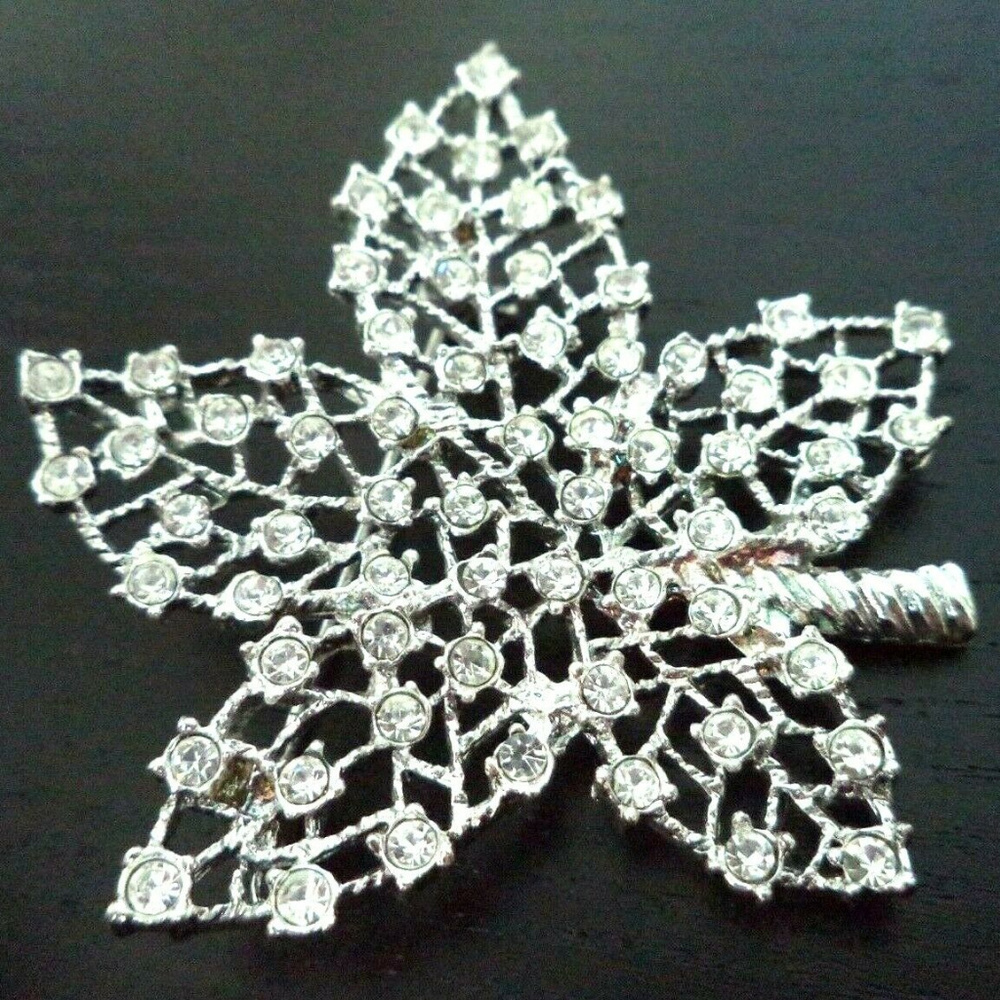 Vintage rhinestone leaf brooch pin silver tone